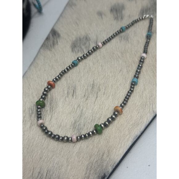 Native American Sterling Silver Pink Conch Turquoise Spiny Navajo Pearl Necklace - Picture 5 of 8